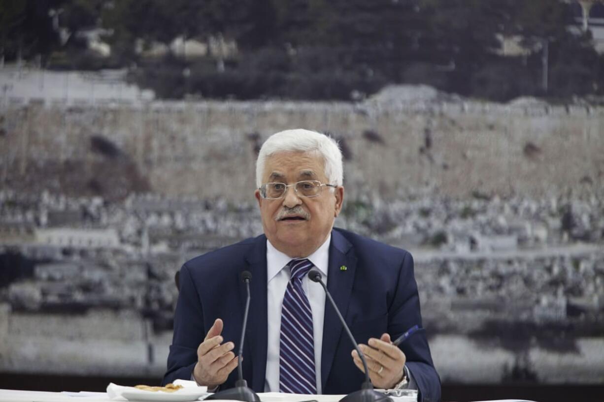 Palestinian President Mahmoud Abbas talks during a leadership meeting in Ramallah on Tuesday.