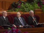 Henry B. Eyring, First Counselor in the First Presidency, left, President Thomas S. Monson, of The Church of Jesus Christ of Latter-day Saints, middle, and Dieter F. Uchtdorf, Second Counselor in the First Presidency, right, attend the opening session of the two-day Mormon church conference on Saturday in Salt Lake City.  Three new high-ranking leaders will be chosen Saturday during the Mormon conference,  announcements that have Latter-day Saints eagerly anticipating the rare occurrence.