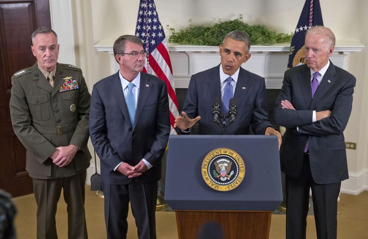 President Barack Obama, accompanied by, from left, Joint Chiefs Chairman Gen. Joseph Dunford, Defense Secretary Ash Carter and Vice President Joe Biden, speaks about Afghanistan on Thursday in the Roosevelt Room of the White House in Washington.