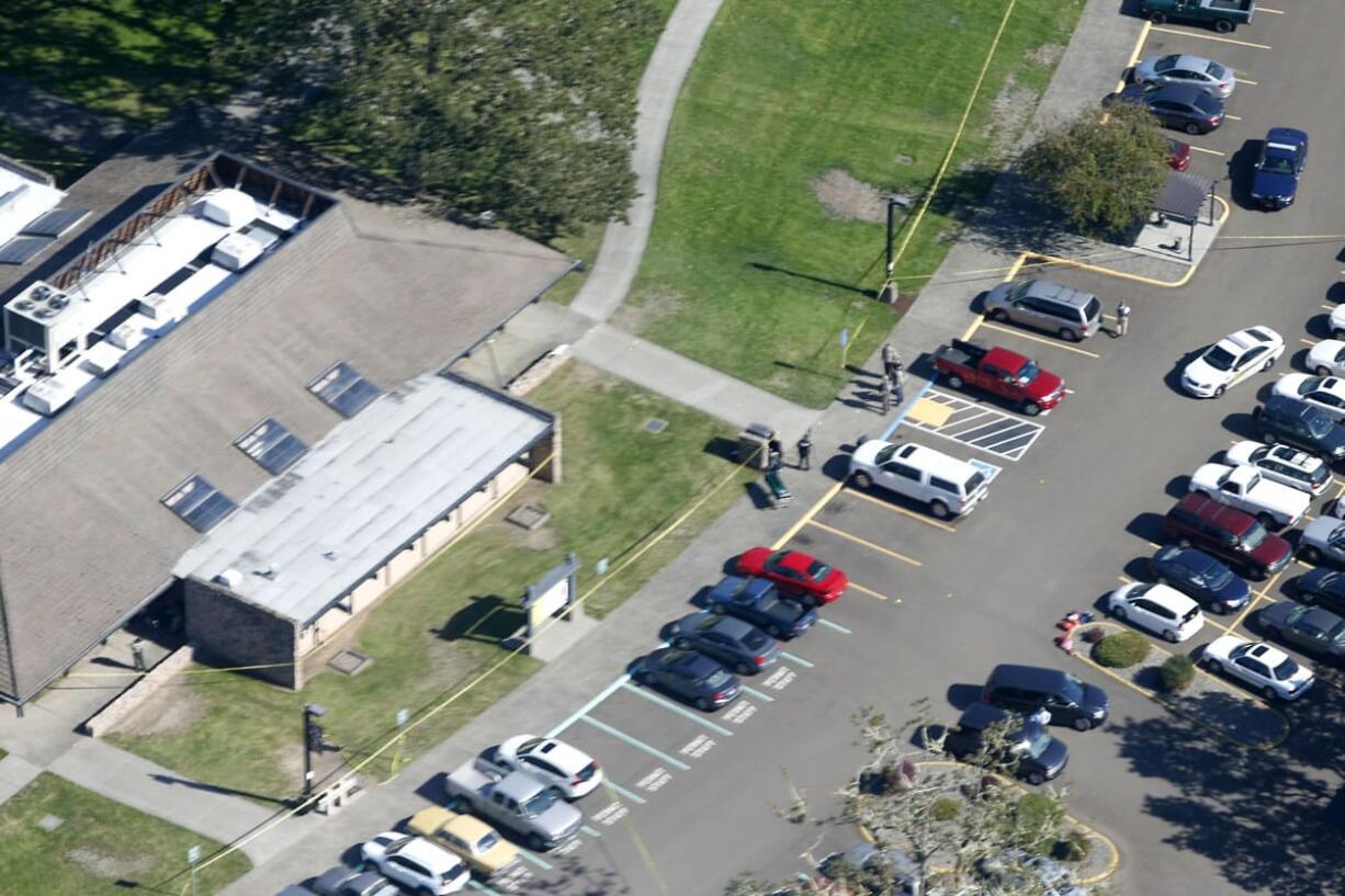 This Oct. 1 photo shows an aerial view of Umpqua Community College, in Roseburg, Ore., where a deadly shooting occurred. Chris Mintz, an Oregon college student celebrated as a hero for running toward danger while a gunman opened fire at Umpqua Community College, said Friday in a statement posted on Facebook that the shooter showed no emotion as he shot Mintz mulitple times.