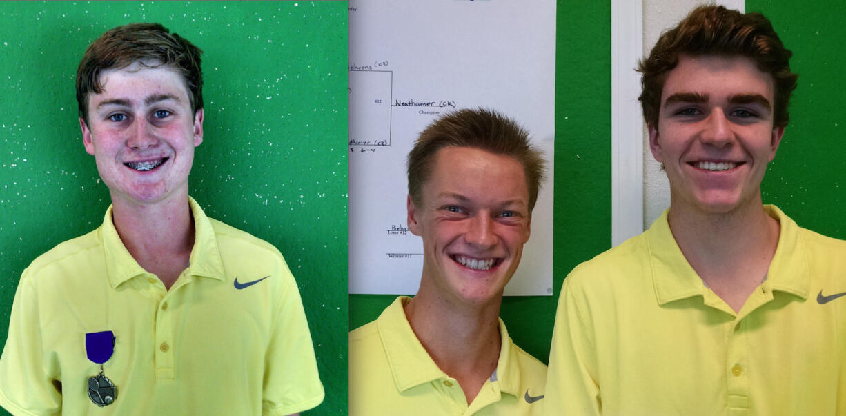 Columbia River's Nick Neathamer, left, and doubles team Owen Carlson and Nathan Crary.