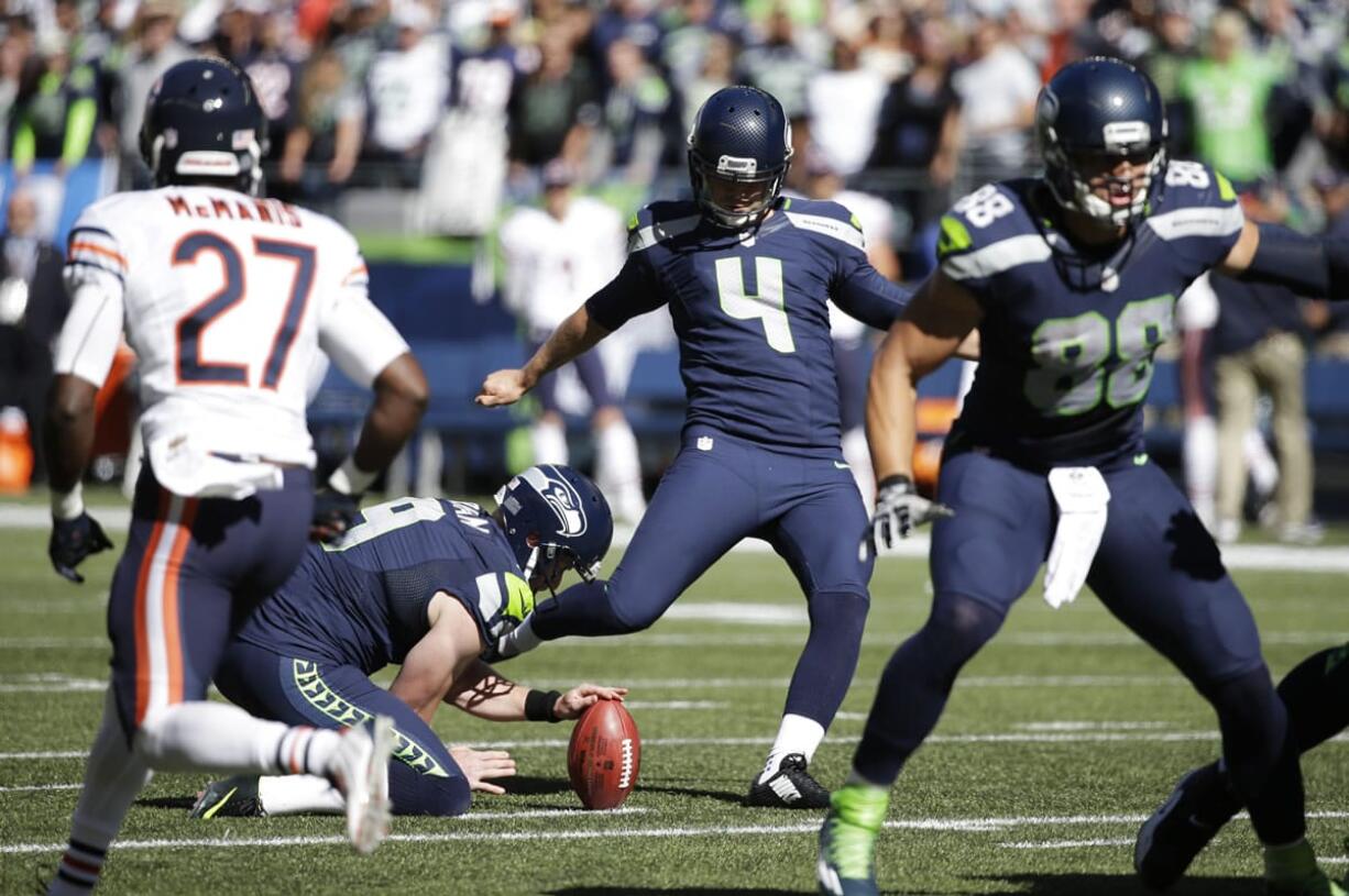 Seattle Seahawks' kicker Steven Hauschka (4) kicks a field goal against the Chicago Bears on Sunday, Sept. 27, 2015, in Seattle.