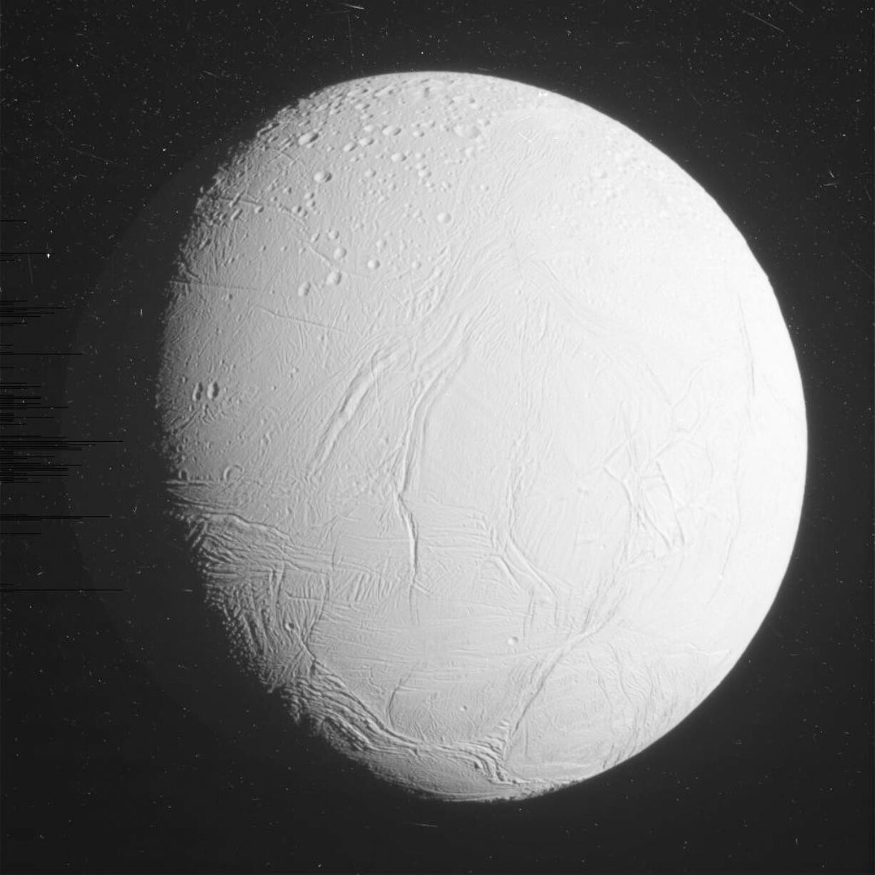 This NASA photo shows Saturn&#039;s moon Enceladus on Wednesday the Cassini spacecraft made a close flyby of the icy moon. The U.S.-European spacecraft skimmed within 30 miles of the south pole.