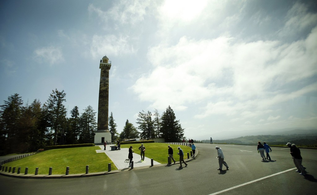 Guests from the S.S. Legacy visit the 125-foot tall Astoria Column in Astoria, Ore., in 2014.