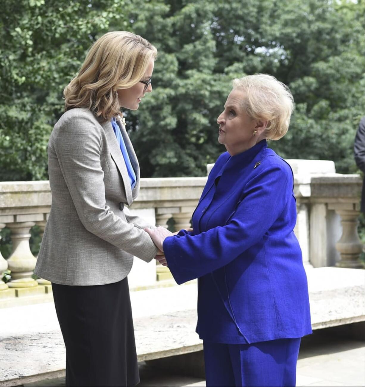 Former Secretary of State Madeleine Albright, right, appears with T?a Leoni, who portrays U.S. Secretary of State Elizabeth McCord in &quot;Madam Secretary.&quot; Albright, 78, took a break from teaching duties at Georgetown University to film a guest shot on the show.