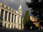 Late light falls on Wheeler Hall, South Hall and the Campanile on the University of California campus in Berkeley, Calif.