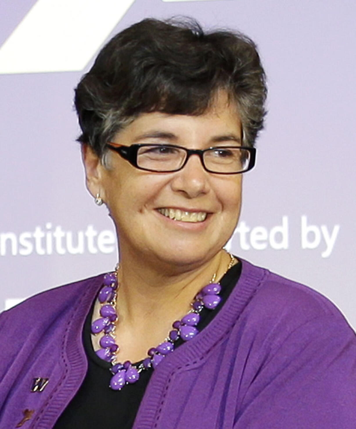 University of Washington interim President Ana Mari Cauce smiles during an event at the Microsoft Campus in Redmond. The school&#039;s Board of Regents on Tuesday chose Cauce to be its next president. Cauce has been interim president since March after Michael Young announced he was leaving UW for Texas A&amp;M University. (AP Photo/Ted S.