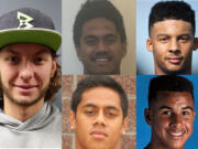 Week 5 football player of the week Dalton Morgan of La Center with nominees (clockwise from top left) JoJo Siofele of Union, Preston Jones of Mountain View, Manase Nguamo of Camas and Kedrick Johnson of Hockinson