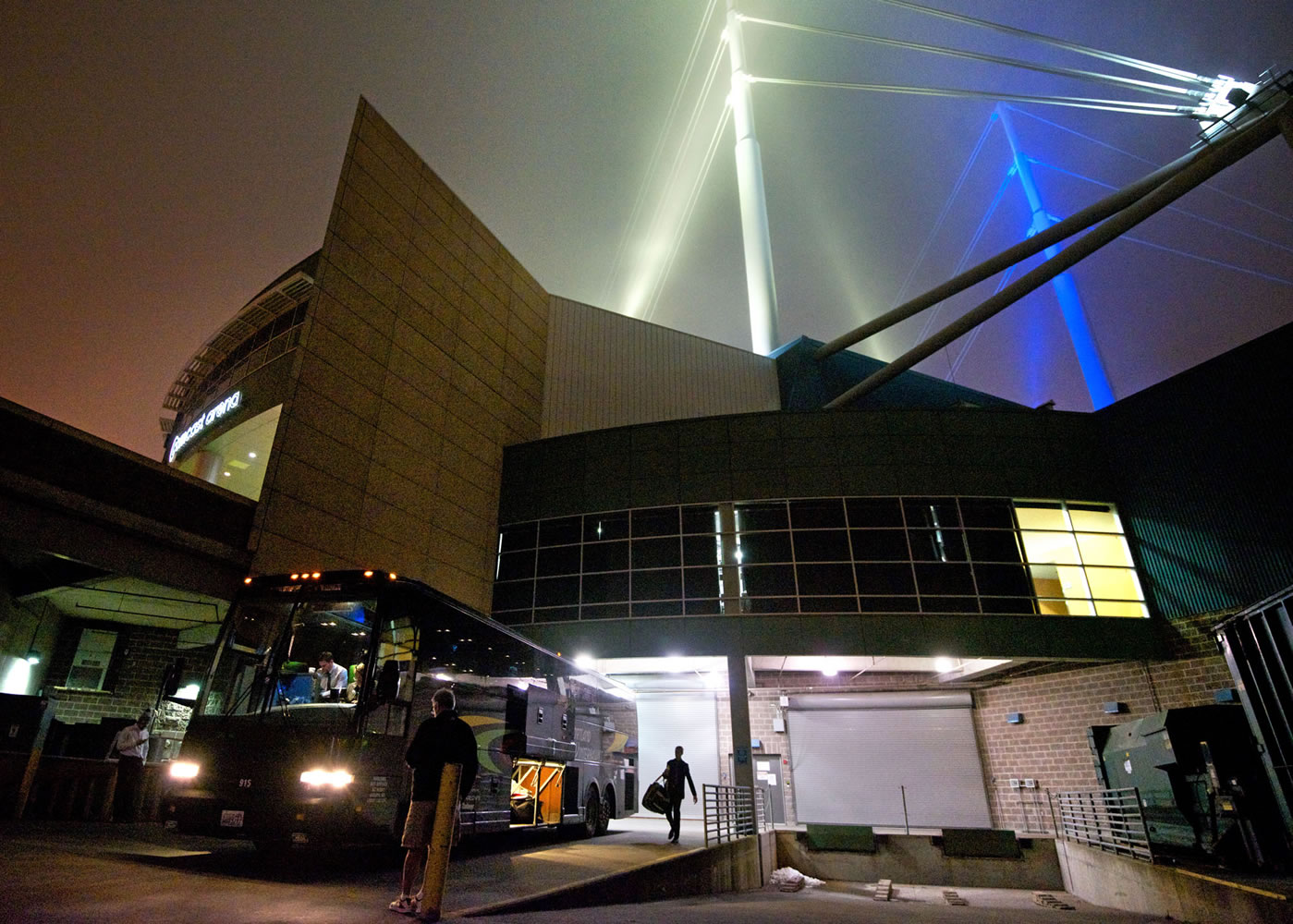 The Winterhawks' team bus gets ready to depart Comcast Arena in Everett after a 6-2 win over the Silvertips on Sunday January 26, 2014.