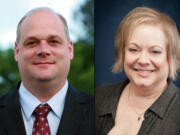 Evergreen Public Schools board candidates Frank Decker, left, and Victoria Bradford