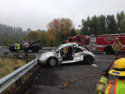 A woman driving the Volkswagen Beetle pictured here was taken to the hospital in critical condition after a pickup T-boned the driver side of the car around 11:30 a.m. Thursday on Northwest 36th Avenue.