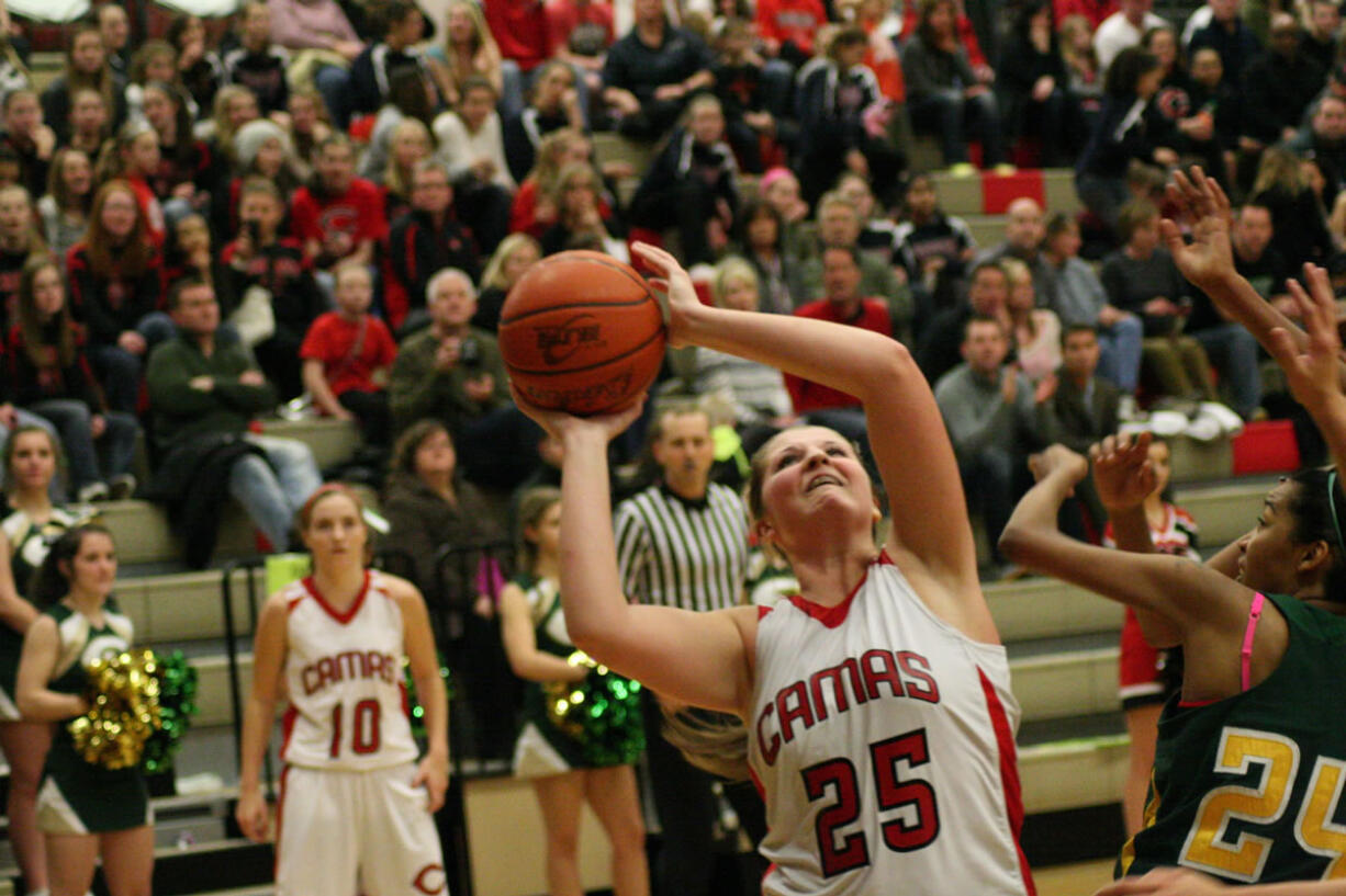 Nikki Corbett nets two of her team-leading 21 points Friday, at Camas High School.