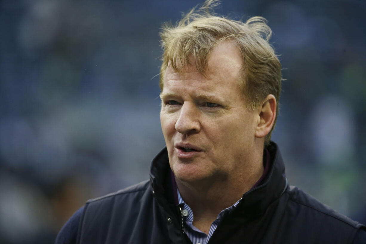 NFL commissioner Roger Goodell walks on the field before the NFL football NFC Championship game between the Seattle Seahawks and the San Francisco 49ers Sunday, Jan. 19, 2014, in Seattle.