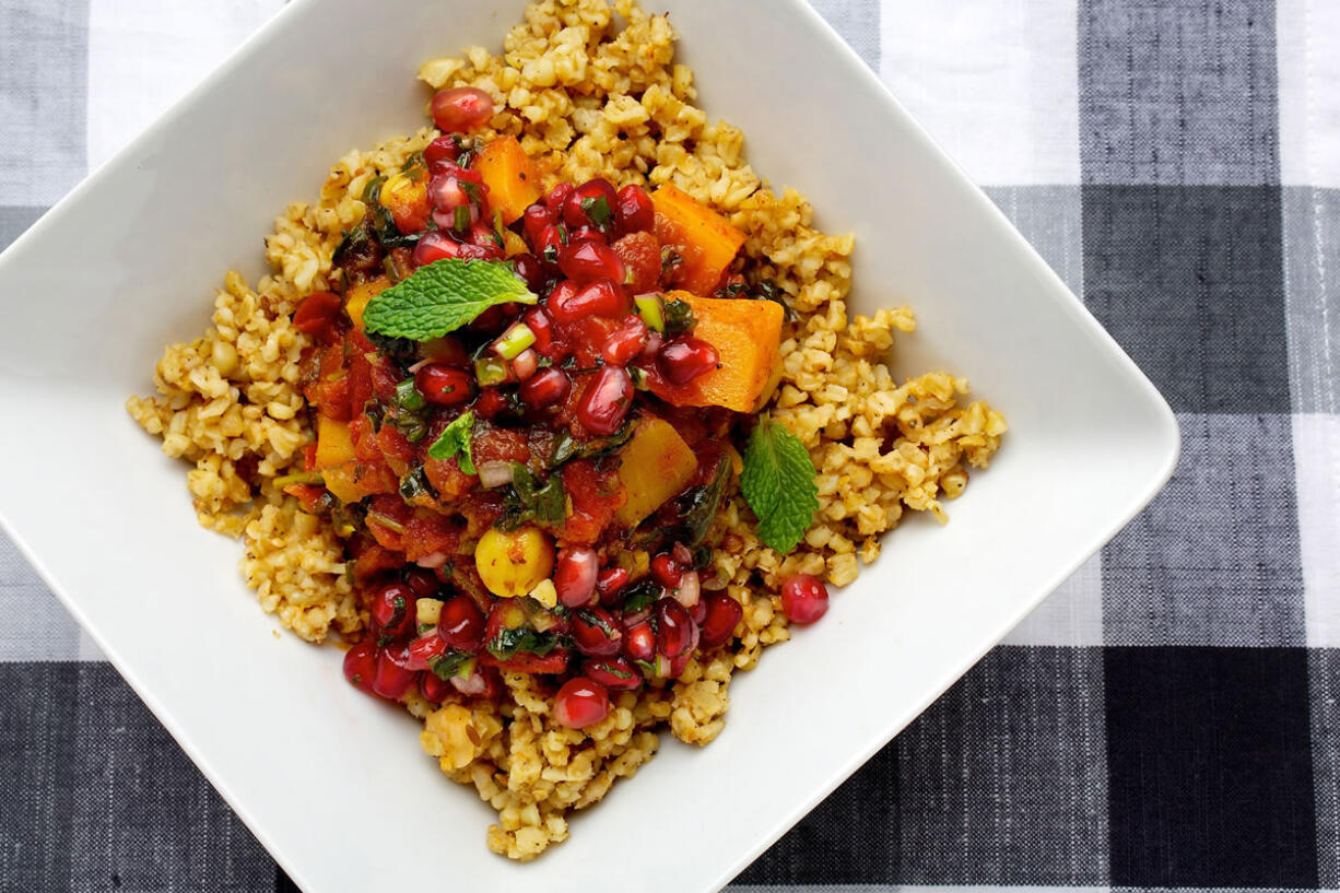 A spicy stew that warms and calms: Butternut Squash Stew With Pomegranate Salsa.