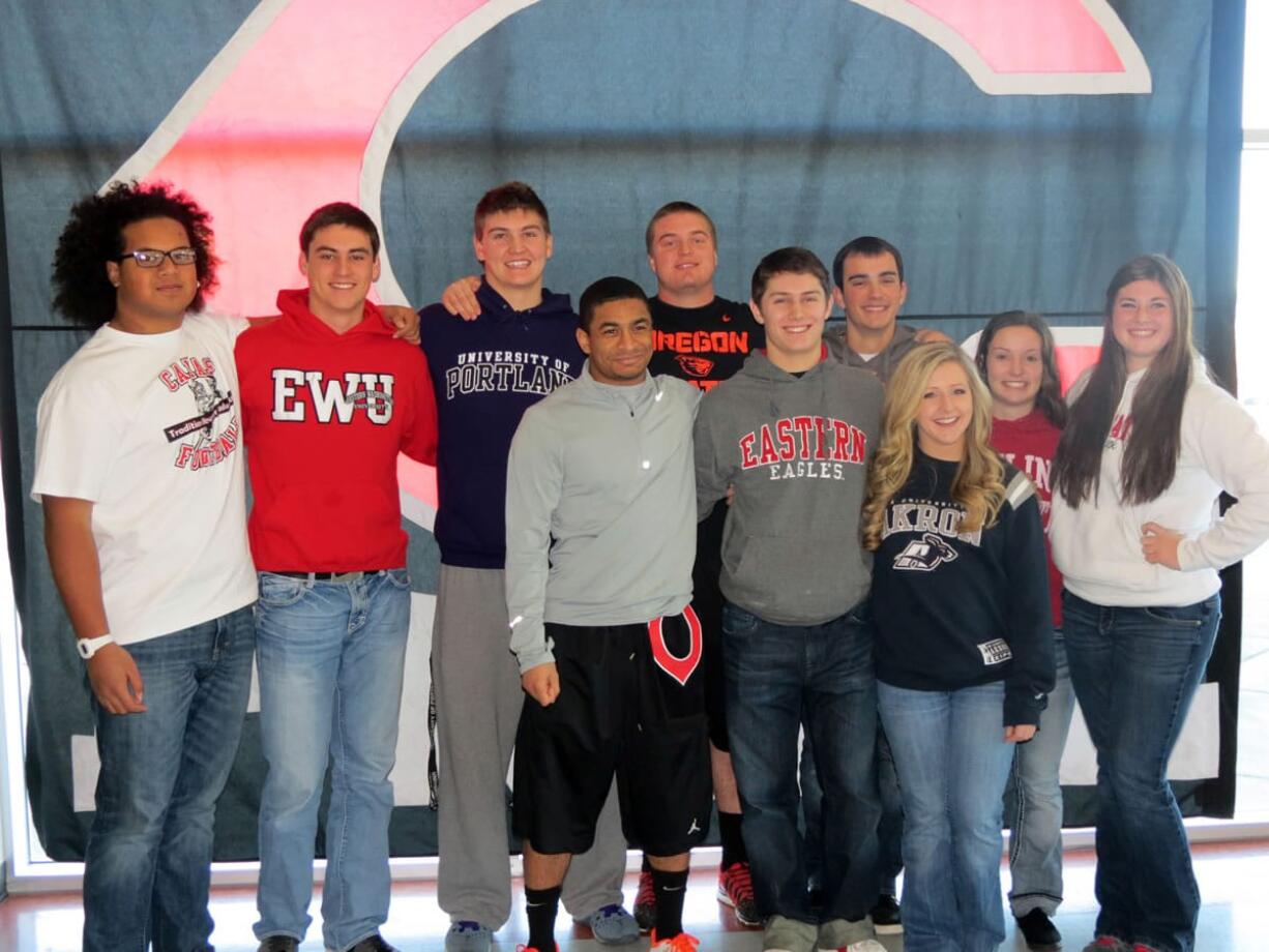 Dan Trujillo/Post-Record
Ten Camas High School seniors participated in National College Signing Day. Pictured in the back row (left to right): Jason Vailea, Reilly Hennessey, Dylan White, Drew Clarkson, Blake Christopher, Teylen Sheesely and Harli Hubbard; front row (left to right): Jorden Payne, Zach Eagle and Lena Richards. See the photo gallery at www.camaspostrecord.com.