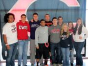 Dan Trujillo/Post-Record
Ten Camas High School seniors participated in National College Signing Day. Pictured in the back row (left to right): Jason Vailea, Reilly Hennessey, Dylan White, Drew Clarkson, Blake Christopher, Teylen Sheesely and Harli Hubbard; front row (left to right): Jorden Payne, Zach Eagle and Lena Richards. See the photo gallery at www.camaspostrecord.com.