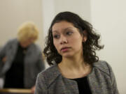 Kalista Andino is arraigned, Friday, February 7, 2014, on charges of tampering with a witness in the January 19 fatal hit and run in Vancouver.