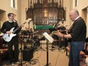 Members of the band Monstrance -- featuring the Rev. Drew Bunting, from left, the Rev. David Simmons, the Rev. Don Fleischman and the Rev. Andrew Jones -- rehearse in February at St.