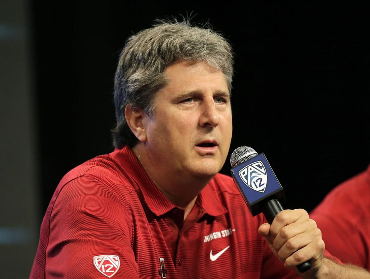 Washington State head coach Mike Leach talks to the media during the NCAA college football Pac-12 Media Day on July 26 in Culver City, Calif.