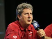 Washington State head coach Mike Leach talks to the media during the NCAA college football Pac-12 Media Day on July 26 in Culver City, Calif.