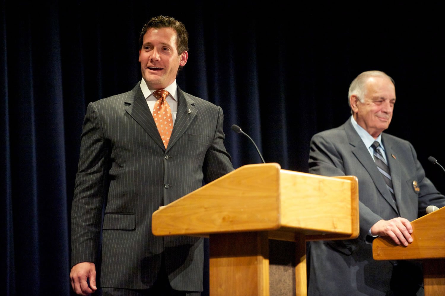 During an Oct. 2 debate at Clark College, Vancouver Mayor Tim Leavitt, left, and challenger Bill Turlay, a city council member, outline their different views on transportation and what the city needs to attract more jobs. Ballots will be mailed Wednesday for the Nov.