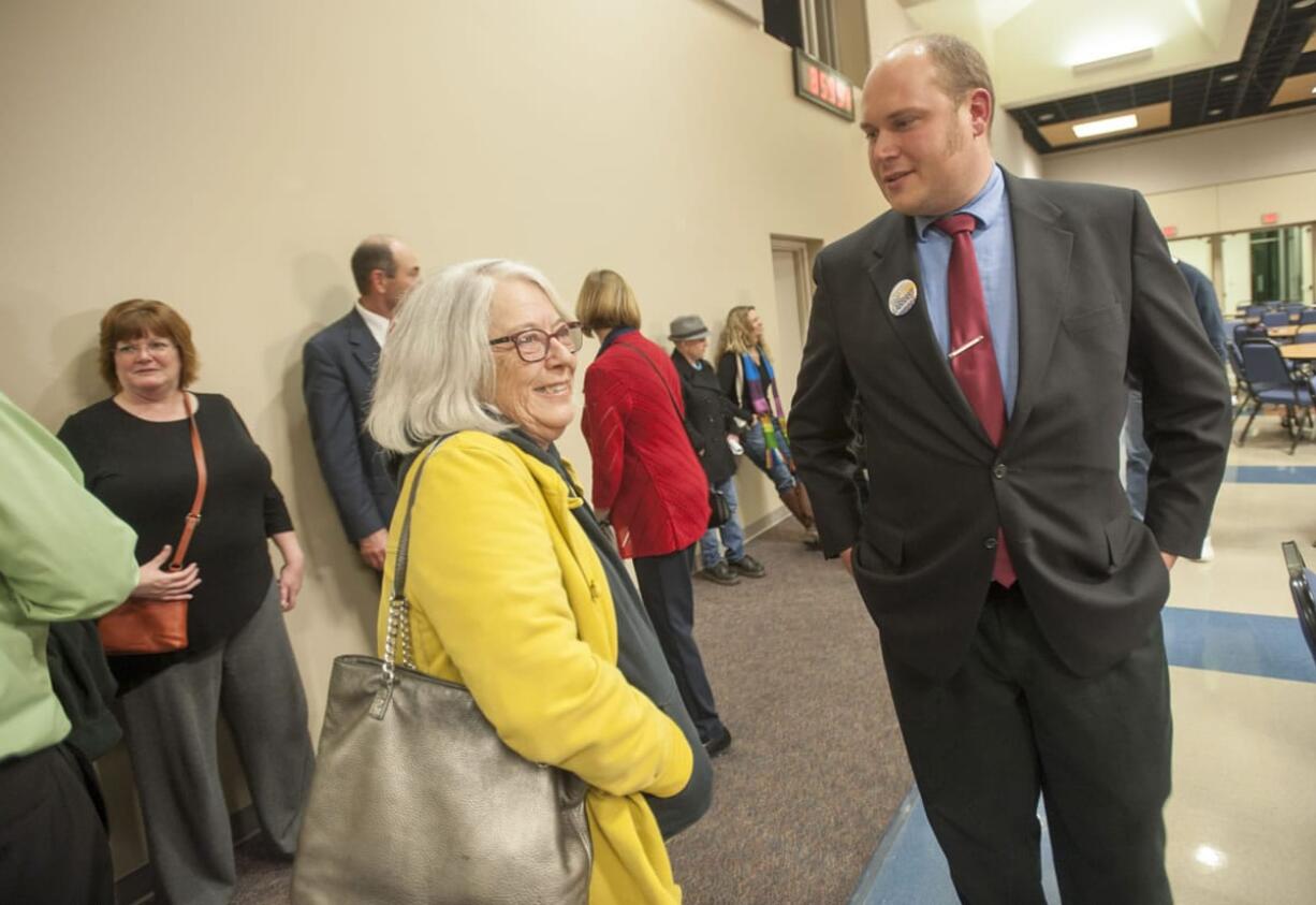 Eric LaBrant is congratulated by a supporter at Gaiser Hall, Clark College, in Vancouver Tuesday November 3 , 2015.