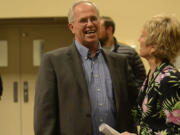 County chair candidate Marc Boldt, who ran with no party preference, talks to supporter Ann Laurier after hearing the results of the general election Tuesday. Boldt was leading the race with 40.39 percent of the vote Tuesday night.