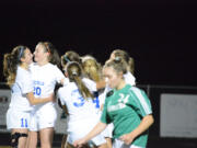 Ridgefield celebrates Madison Ochoa&#039;s goal in the first half of a Class 2A District 4 semifinal soccer match against Tumwater on Tuesday at Ridgefield High School. Ridgefield won 4-0.