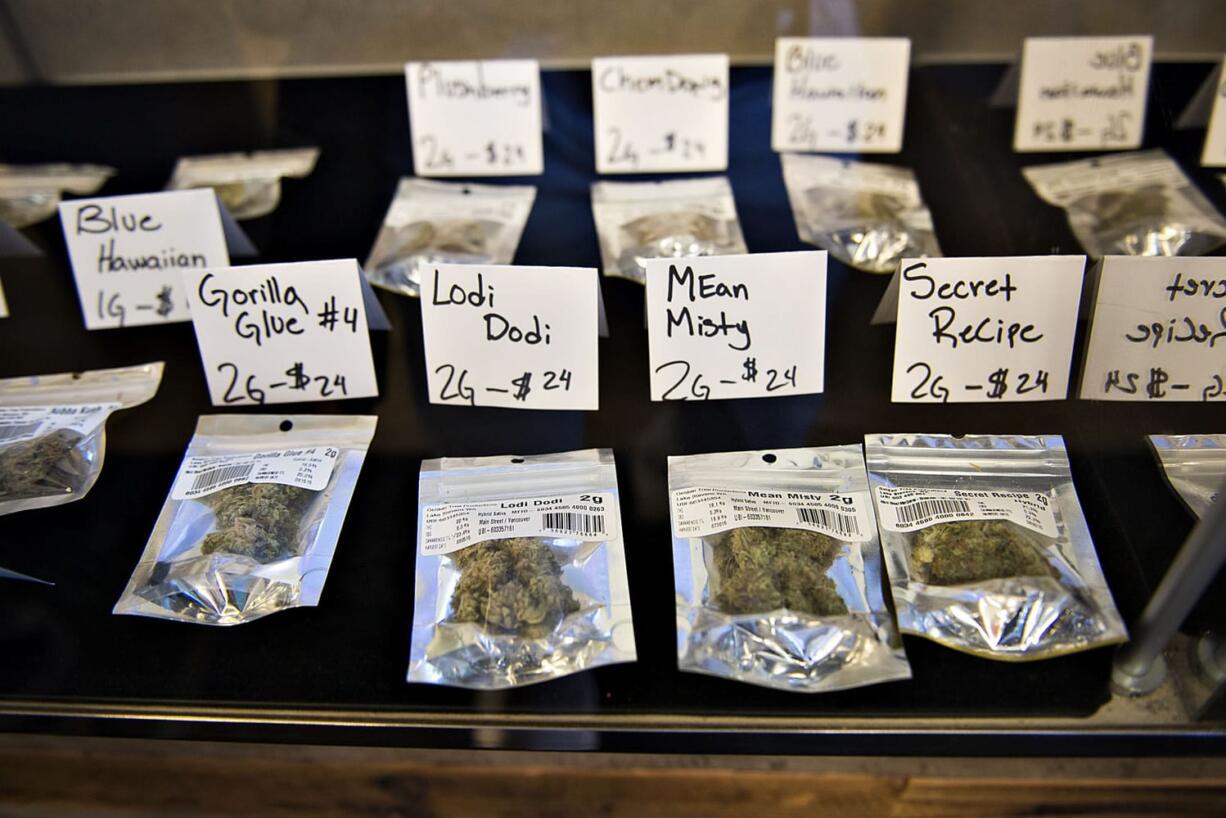 A selection of marijuana is displayed for customers at Main Street Marijuana in Vancouver. Sales are down since legalization in Oregon, but entrepreneurs say business is still robust.