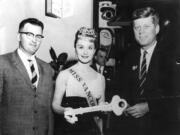 Mike Wilson
Manny Helm, left, and Miss Vancouver Carol Erlandson (now Carol Snyder) give John F. Kennedy the key to the city in September 1960. A  few days later, it was given to Richard Nixon.