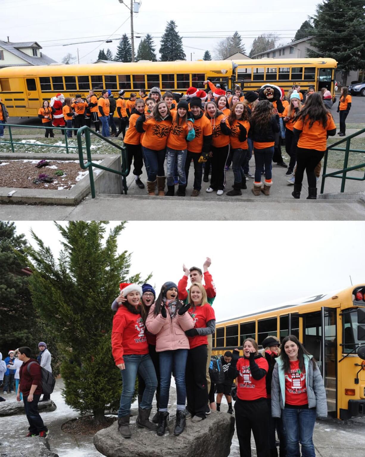 Students in Camas and Washougal take a break to celebrate during Stuff the Bus food collection efforts.