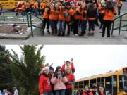 Students in Camas and Washougal take a break to celebrate during Stuff the Bus food collection efforts.