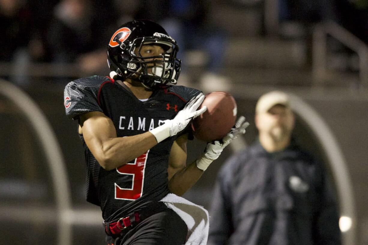 James Price of Camas brings in a touchdown reception Friday.