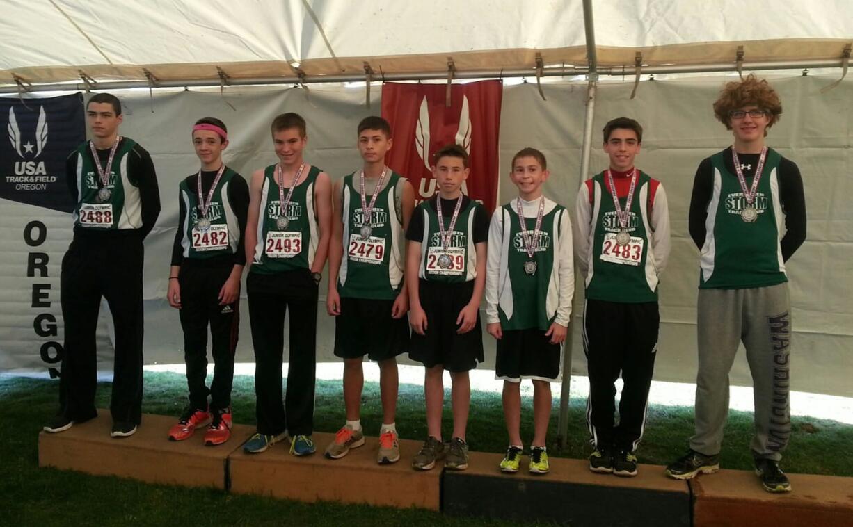 Evergreen Storm Track Club medalists at the USA Track and Field Junior Olympics Cross Country Championships.