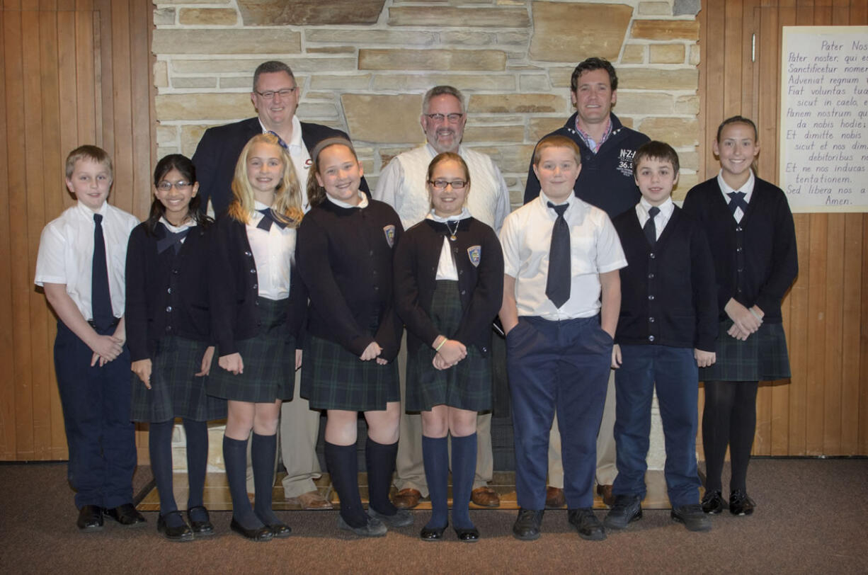 Camas: Camas Mayor Scott Higgins, from left, Washougal Mayor Sean Guard and Vancouver Mayor Tim Leavitt stand with student leaders from Pacific Crest Academy during a Nov. 22 visit.