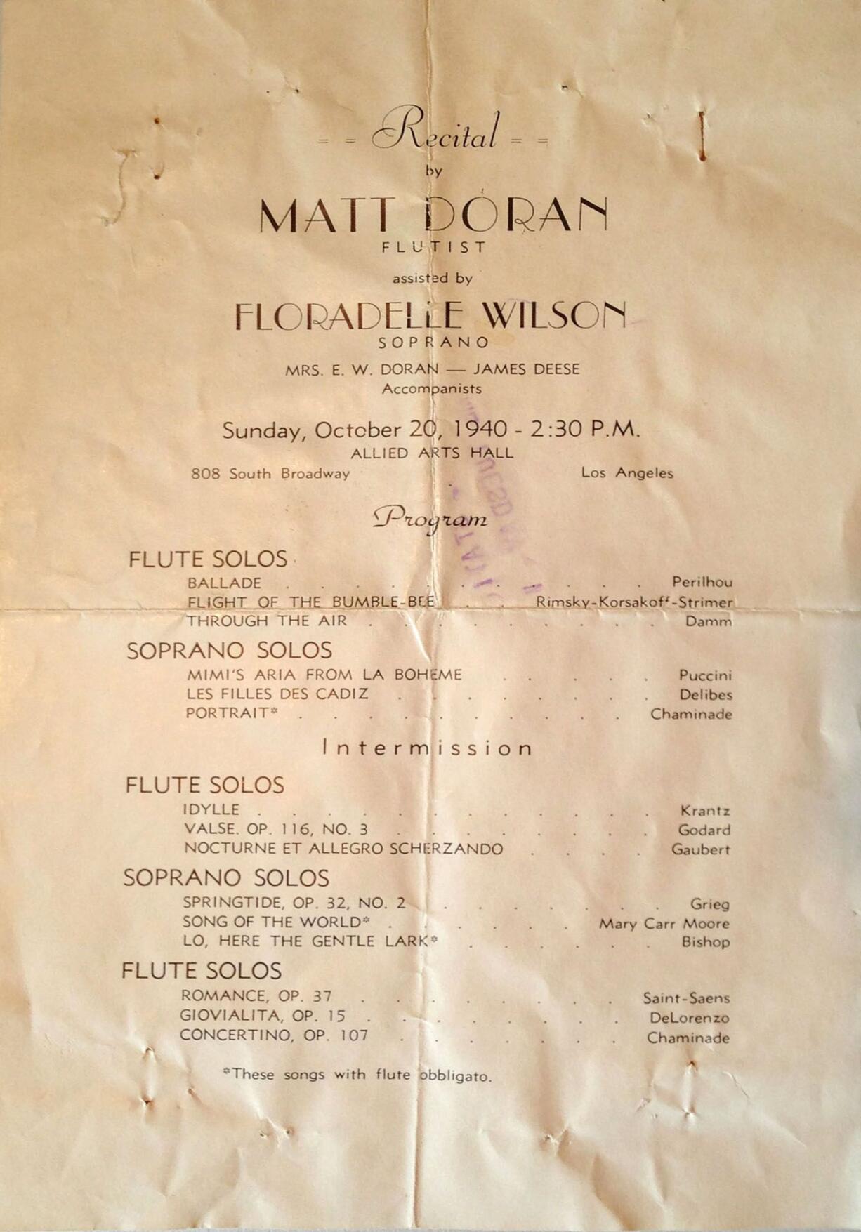 Hazel Dell: After The Columbian ran a story about local classical composer and musician Matt Doran, we were contacted by a historical researcher who's working for a singer Doran accompanied in concert 73 years ago. Here's the concert program -- dated Oct.