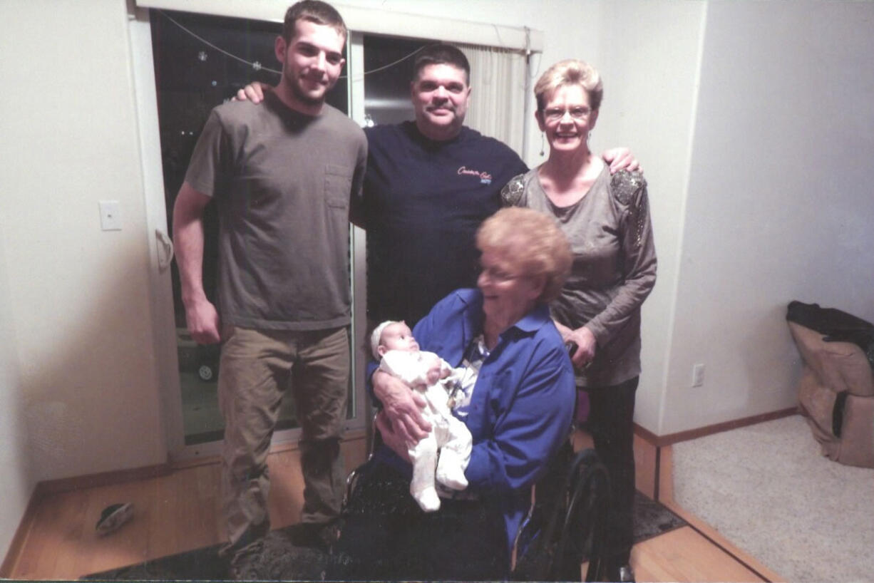 Sharon Lorenson
Emmaline Joy Bishop, 4 months old, is held by her great-great-grandmother Louise Van Brocklin, 96, in this five-generation photo taken on Thanksgiving. Standing from left to right are Emmaline's father Chris Bishop, 23, grandfather Joe Bishop, 48, and great-grandmother Sharon Lorenson, 71. Chris and Emmaline live in Washougal and the other family members live in Vancouver.