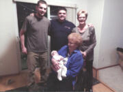 Sharon Lorenson
Emmaline Joy Bishop, 4 months old, is held by her great-great-grandmother Louise Van Brocklin, 96, in this five-generation photo taken on Thanksgiving. Standing from left to right are Emmaline's father Chris Bishop, 23, grandfather Joe Bishop, 48, and great-grandmother Sharon Lorenson, 71. Chris and Emmaline live in Washougal and the other family members live in Vancouver.