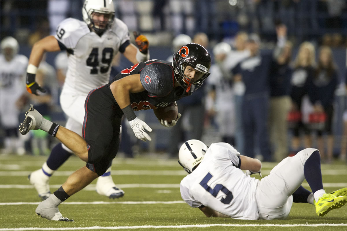 Camas wide receiver Slav Mikhalets scores on a 33 yard pass. Chiawana scores on the final play of the game to beat Camas 27-26, winning the State 4A football championship at the Tacoma Dome, Saturday, December 7, 2013.