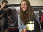 Camas High distance runner Alexa Efraimson attends a press conference after she was surprised in class being named the Gatorade high school national cross country runner of the year on Thursday February 27, 2014.