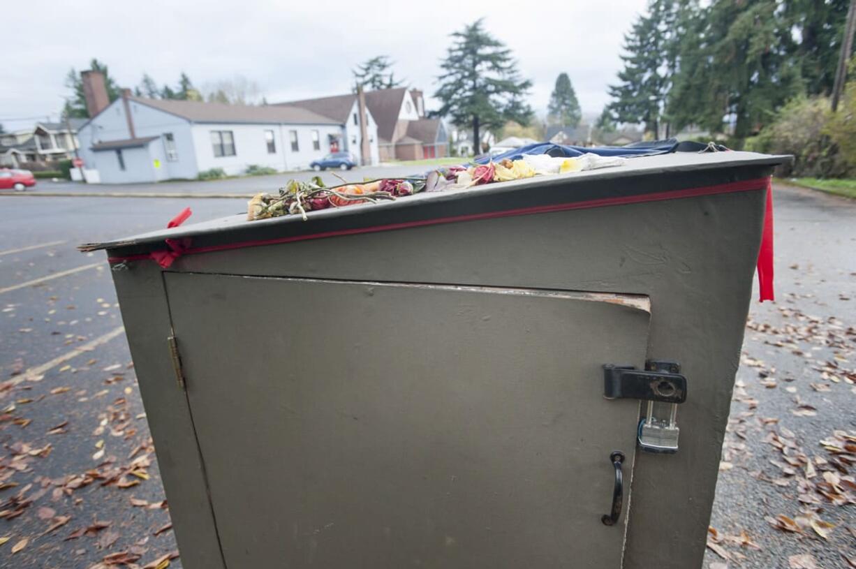 A hut sits in the parking lot of St. Luke&#039;s Episcopal Church in Vancouver on Tuesday. A couple of churches in west Vancouver have opened their parking lots to huts for homeless people.