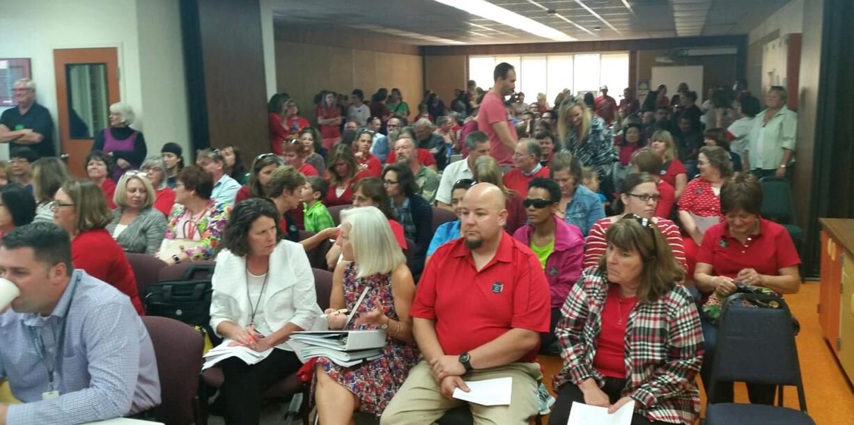 More than 90 teachers attended the Battle Ground school board meeting Monday. Many Battle Ground Education Association members have spoken up at several meetings to ask the board to consider the latest BGEA contract proposal, said union president Linda Peterson.