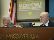 Port of Vancouver Commission President Jerry Oliver instructs participants before the start of public comments during the reopening of the discussion and vote on a proposed oil terminal lease Oct. 22 in Vancouver.