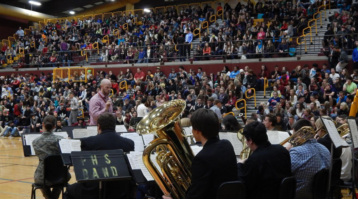 Brush Prairie: The Prairie High School Band performs at a Veterans Day assembly where the school raised more than $500 for the Wounded Warrior Project, more than halfway to its $1,000 goal.