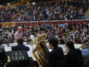 Brush Prairie: The Prairie High School Band performs at a Veterans Day assembly where the school raised more than $500 for the Wounded Warrior Project, more than halfway to its $1,000 goal.