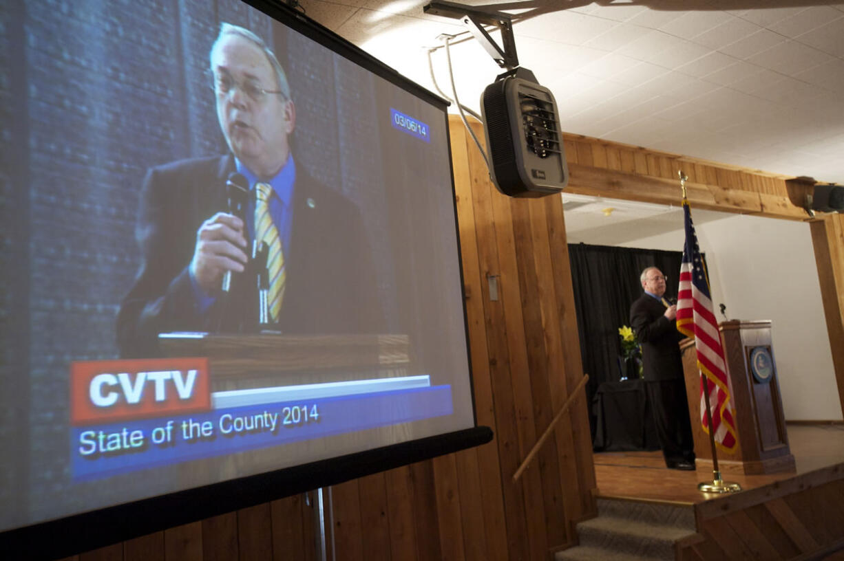 Clark County Commissioner Tom Mielke speaks during the State of the County address at the Clark County Square Dance Center.