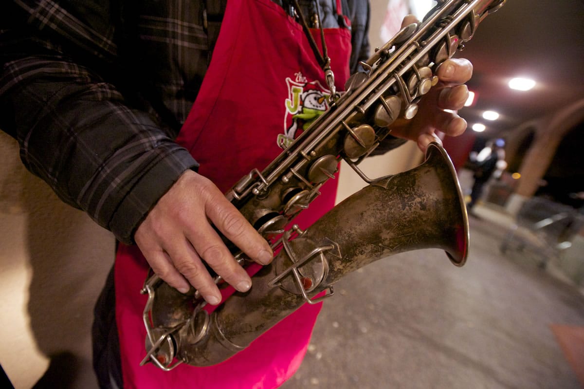 Salvation Army bell ringer Kennie Campbell took up the saxophone when he was 10 years old.