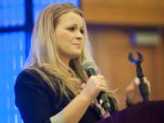 Jessica Lynch, who was wounded and captured by Iraqi forces in 2003, speaks Thursday at the Symbol of Freedom luncheon at the Hilton Vancouver Washington. The event benefited CDM Caregiving Services.