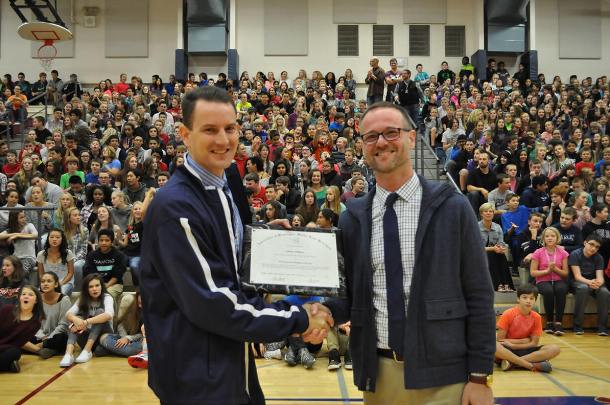 Camas: Skyridge Middle School Associate Principal Clint Williams, left, and Principal Aaron Smith celebrating Williams&#039; being named Washington State Middle Level Assistant Principal of the Year by the Association of Washington School Principals.