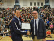 Camas: Skyridge Middle School Associate Principal Clint Williams, left, and Principal Aaron Smith celebrating Williams&#039; being named Washington State Middle Level Assistant Principal of the Year by the Association of Washington School Principals.